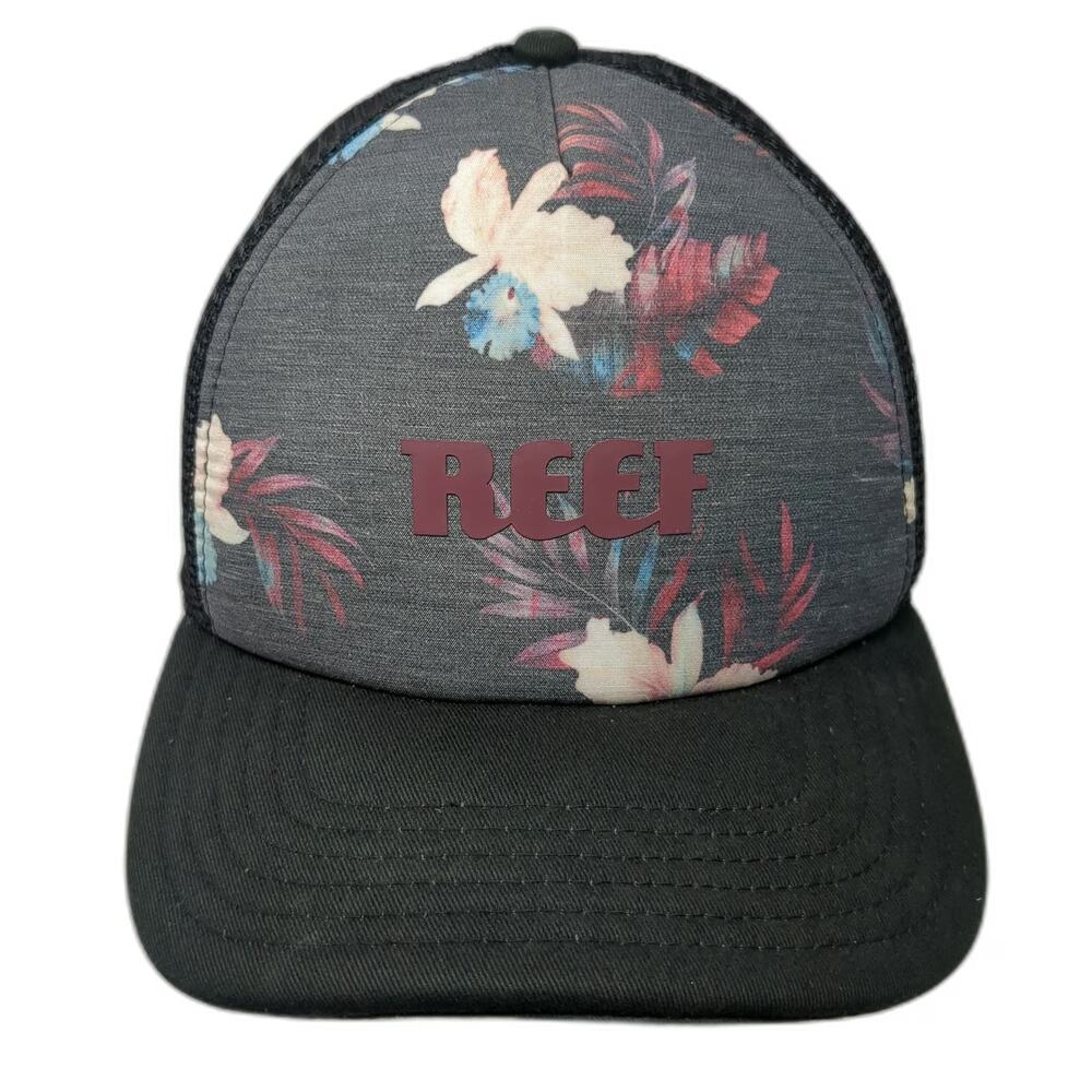 Reef Trucker Hat Gray Black One Size Floral Tropical Print Mesh Snapback Surf
